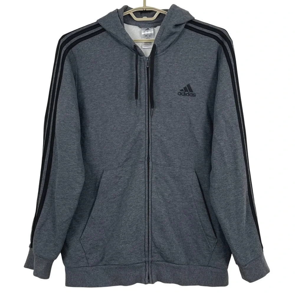Adidas Essentials Mens Full Zip Hoodie XL Dark Grey 3-Stripe Fleece Sweatshirt
